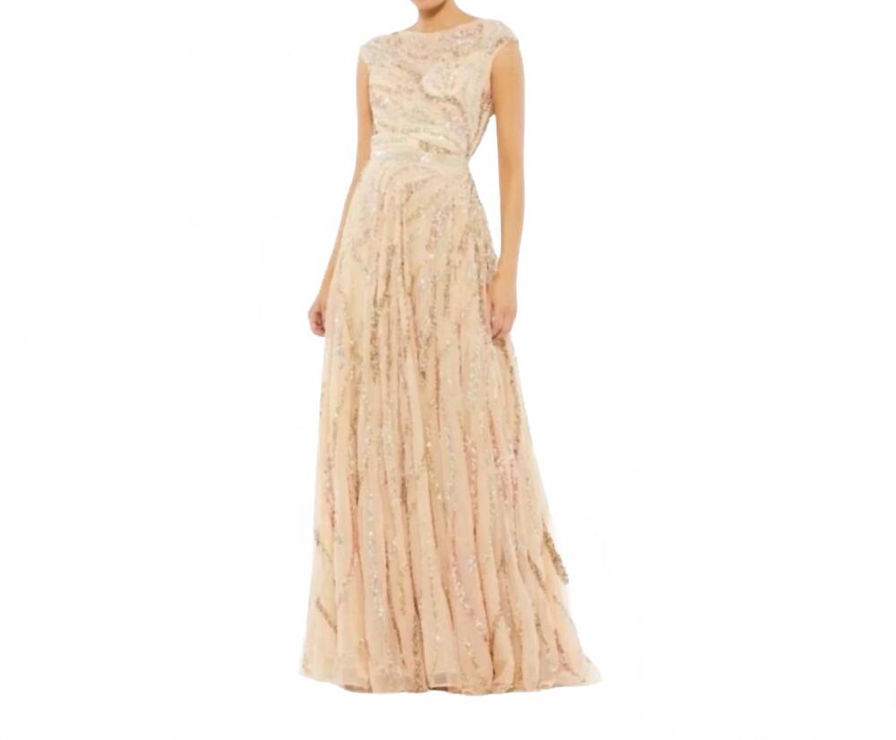 NEW MAC DUGGAL women's embellished tulle gown in beige multi